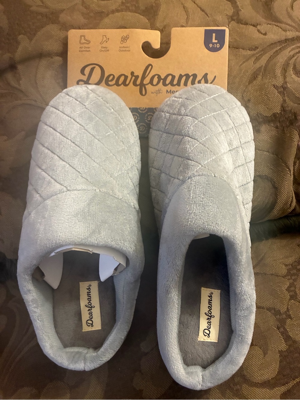Dearfoams Women's Gray Quilted Memory Foam Clog Slippers Size 9-10 NWT